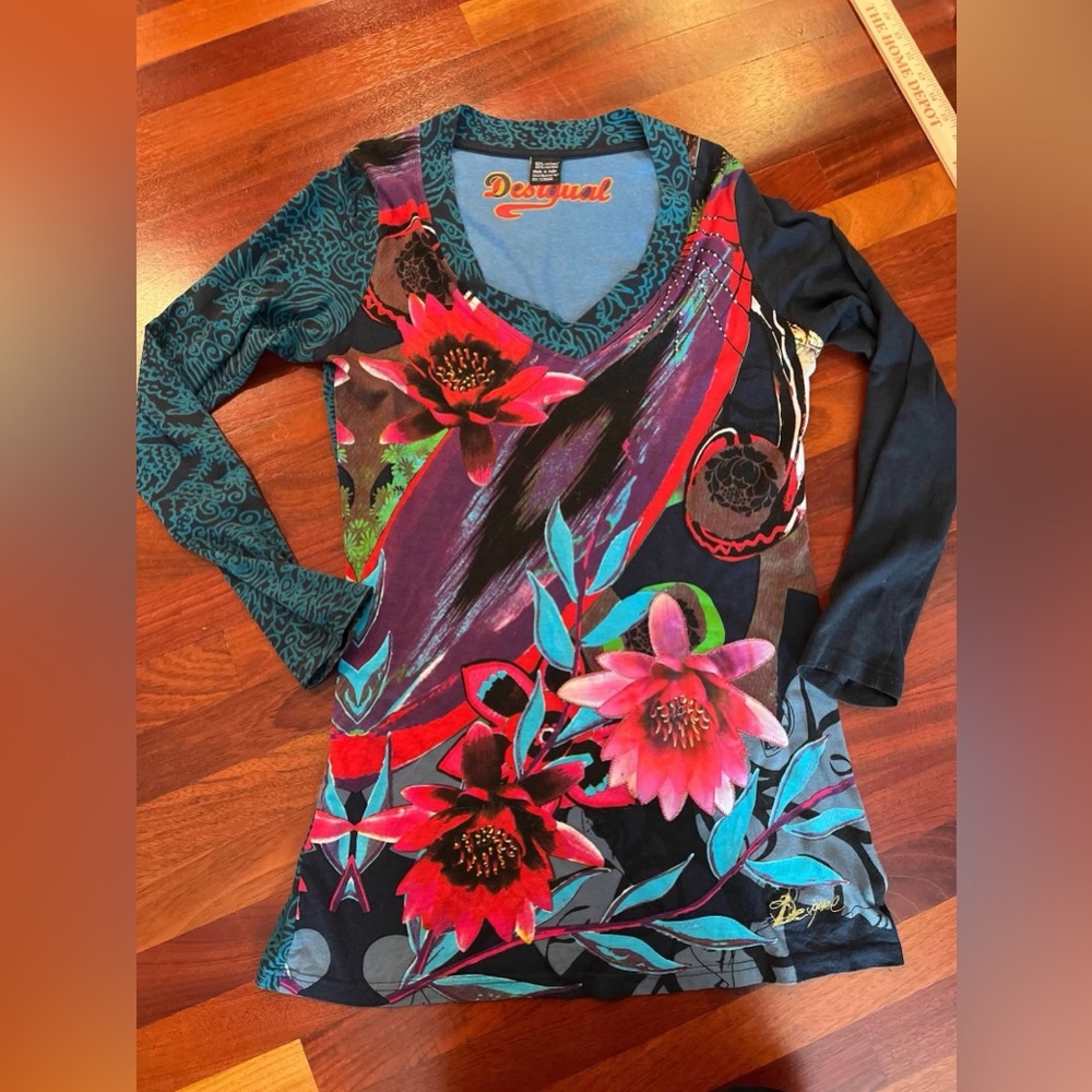 Desigual Black Multicolor Floral V-Neck Long Sleeve Top No Size Tag